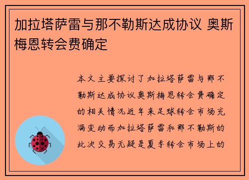 加拉塔萨雷与那不勒斯达成协议 奥斯梅恩转会费确定