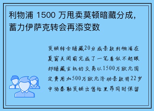 利物浦 1500 万甩卖莫顿暗藏分成,蓄力伊萨克转会再添变数
