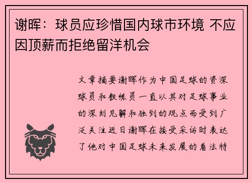 谢晖:球员应珍惜国内球市环境 不应因顶薪而拒绝留洋机会