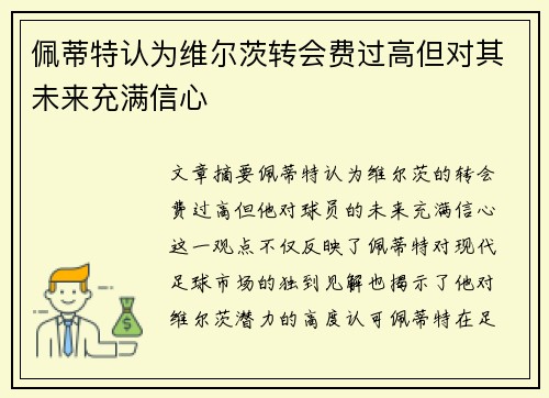 佩蒂特认为维尔茨转会费过高但对其未来充满信心